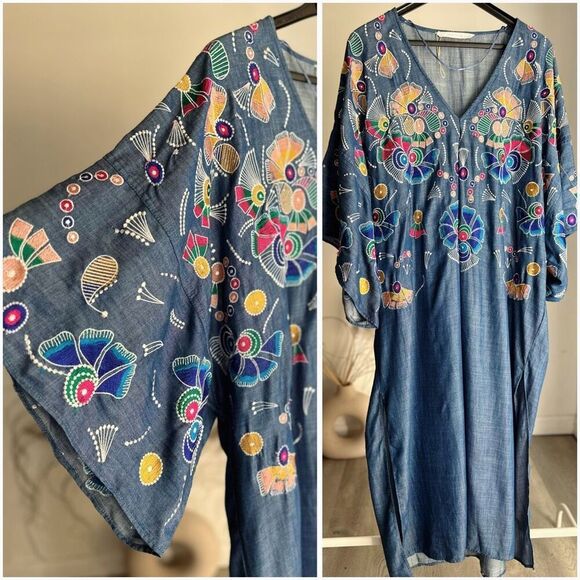 Zara Dresses & Skirts - Zara Denim Blue Dress Kaftan Embroidered S-M